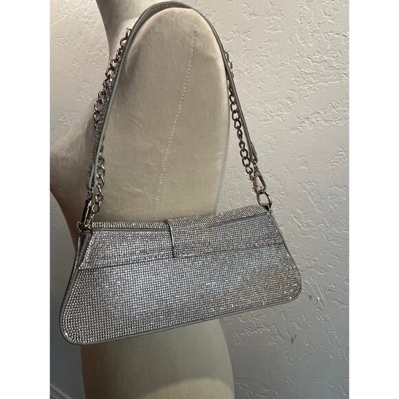 Silver Glitter Baguette Shoulder Bag Chain Strap Evening Party Purse - Picture 9 of 10